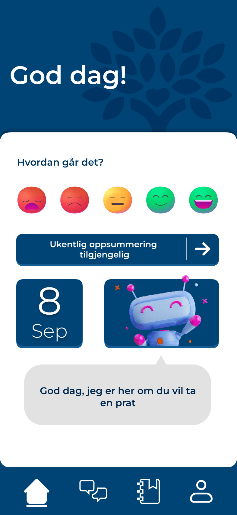 Hjemskjermen i Eir-appen med humørregistrering