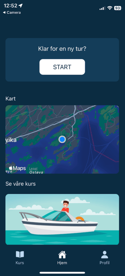 Hjemskjermen i den ferdige Skydd-appen med kart og startknapp
