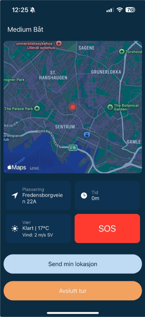 Skjerm fra den ferdige Skydd-appen underveis på tur, med live status